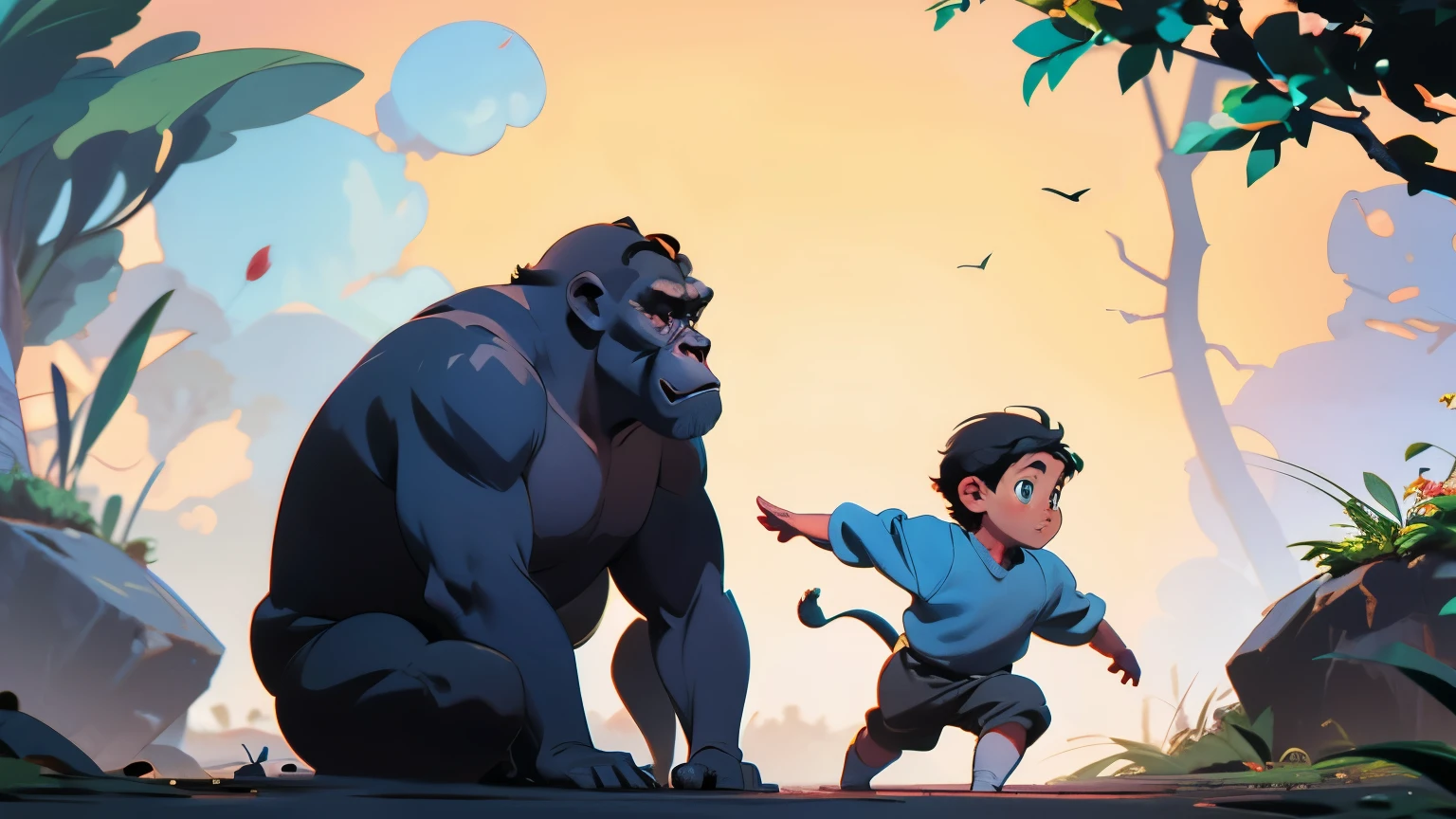 a and a boy chasing a friendly gorilla in a child& game.