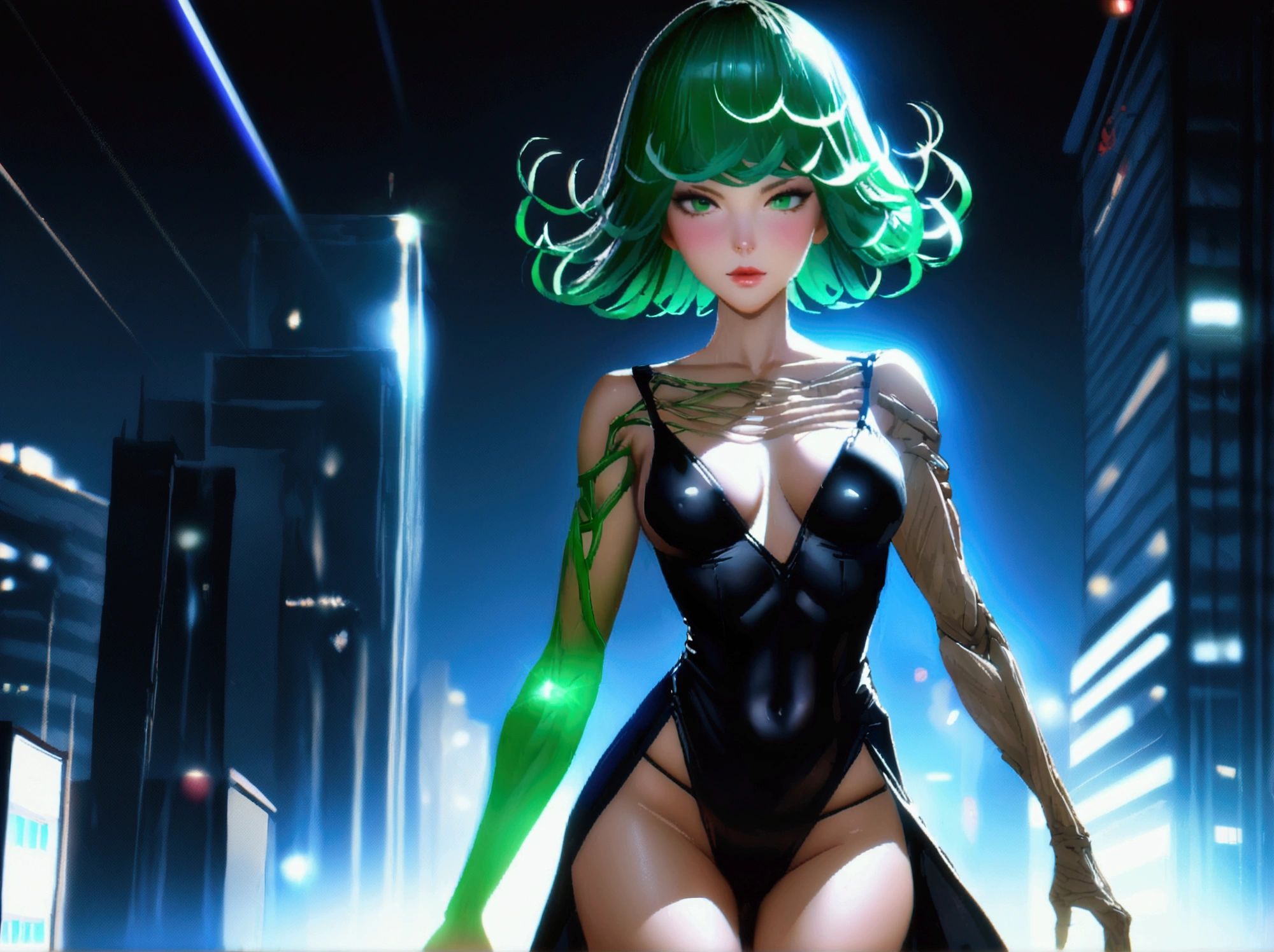  1girl, alone, Tatsumaki One Punch Man floating over a city, Anime girl, short hair, green hair, green eyes, Tatsumaki black outfit, Tatsumaki (One Punch Man) Clothing style, Black clothing, Black dress, long sleeve, pelvic curtain, Detailed clothes, masterpiece, symmetrical, serious face, very small breasts, small breasts, medium thigh medium waist, wide hips, 1 girl, bright green eyes, City Background, Sky Background, View from above, Bokeh, 4K Masterpiece, HDR , Anime art style, One Punch Man art style, sharp colors, vivid colors, green particles, iom