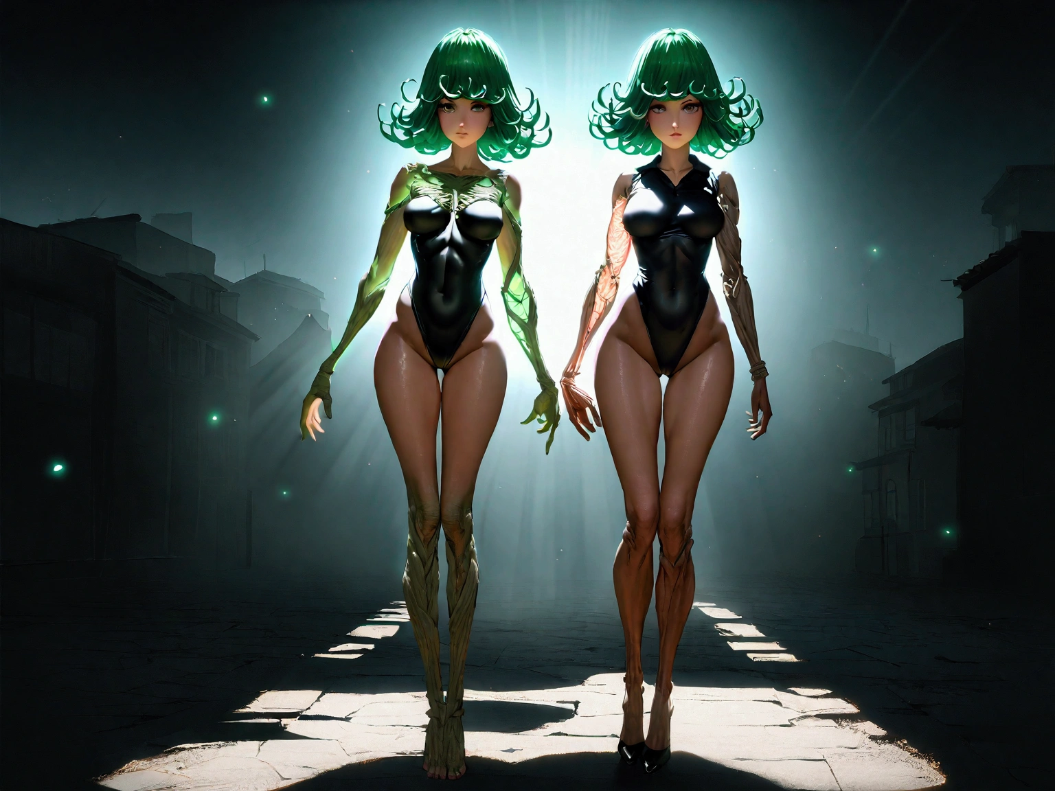 work of art, best qualityer, CG 8k, (colorfully), tatsumaki, one punch man, 1 girl, Volumetric Light, Body cute, ideal feminine image, corpo sexly, nice legs, eyes glowing green, rosy cheeks, gazing at viewer, visible legs, raised thong panties, black gown, sexly, medium breasts, a hand on the breast, adult, ideal woman body, 独奏, (Hyperrealistic arm anatomy), (Hyper-realistic leg anatomy), (clean skin), (cinematic lighting: 1.7), (respondents), (Tecnologia NVIDIA RTX Ray Tracing), (Hyperrealistic arm anatomy: 2), fund: blue sky, buildings, green fireflies in the air