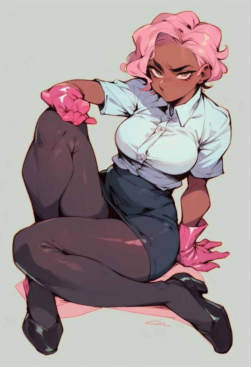 Anime,girl,dark,skin,office uniform,black leggings,pink rubber gloves