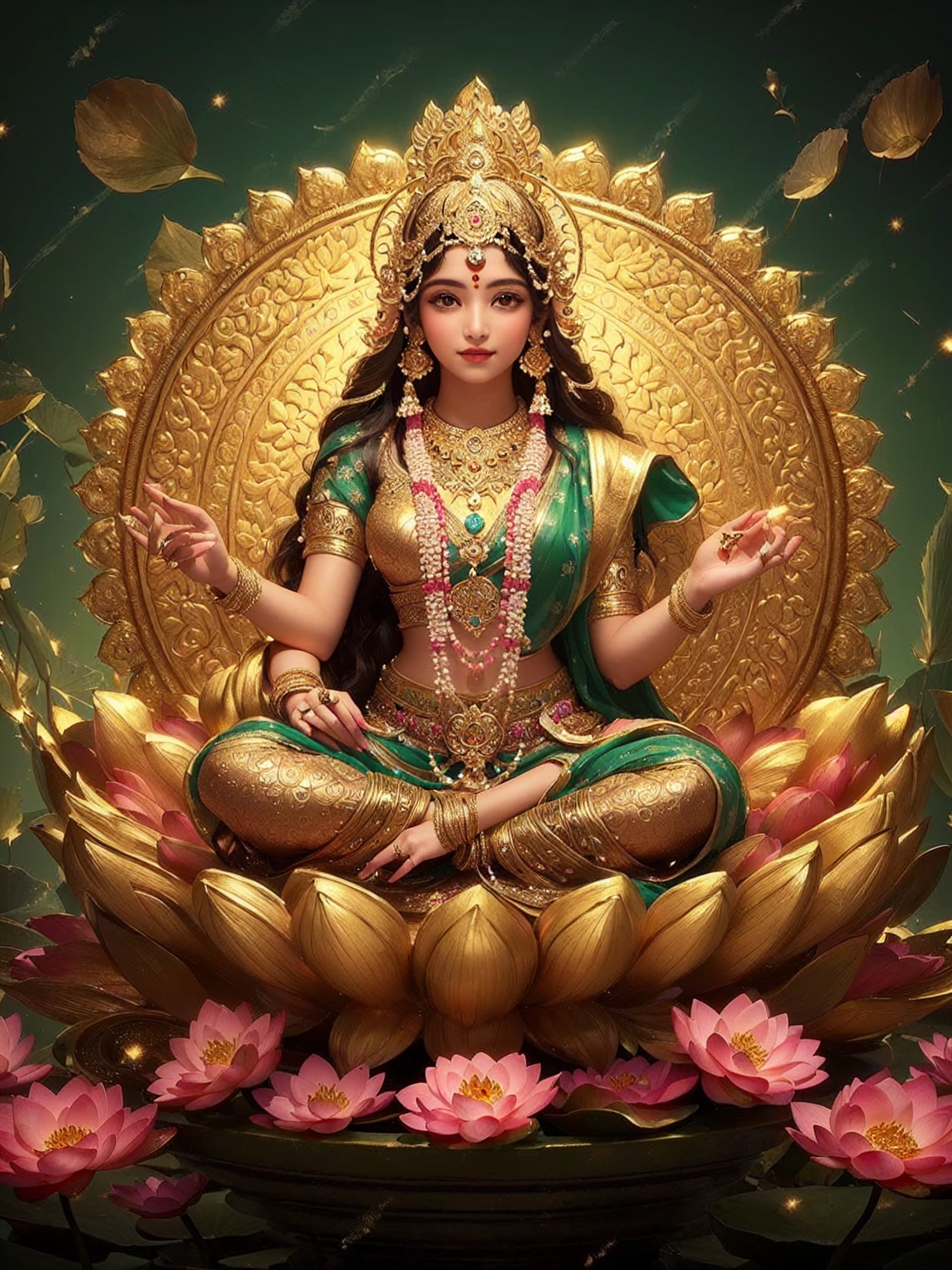 a beautiful hindu goddess sitting on a lotus flower, indian goddess of wealth, indian goddess, divine goddess, goddess. Very high detail, female goddess, beautiful goddess, 3 d goddess portrait, extremely detailed goddess shot, indian god, hindu god, charming angel, Hindu Aesthetics, goddess of love and peace, a stunning portrait of a goddess, goddess art, pink dress, Both hands hold a pink lotus., Behind is a bright sky.