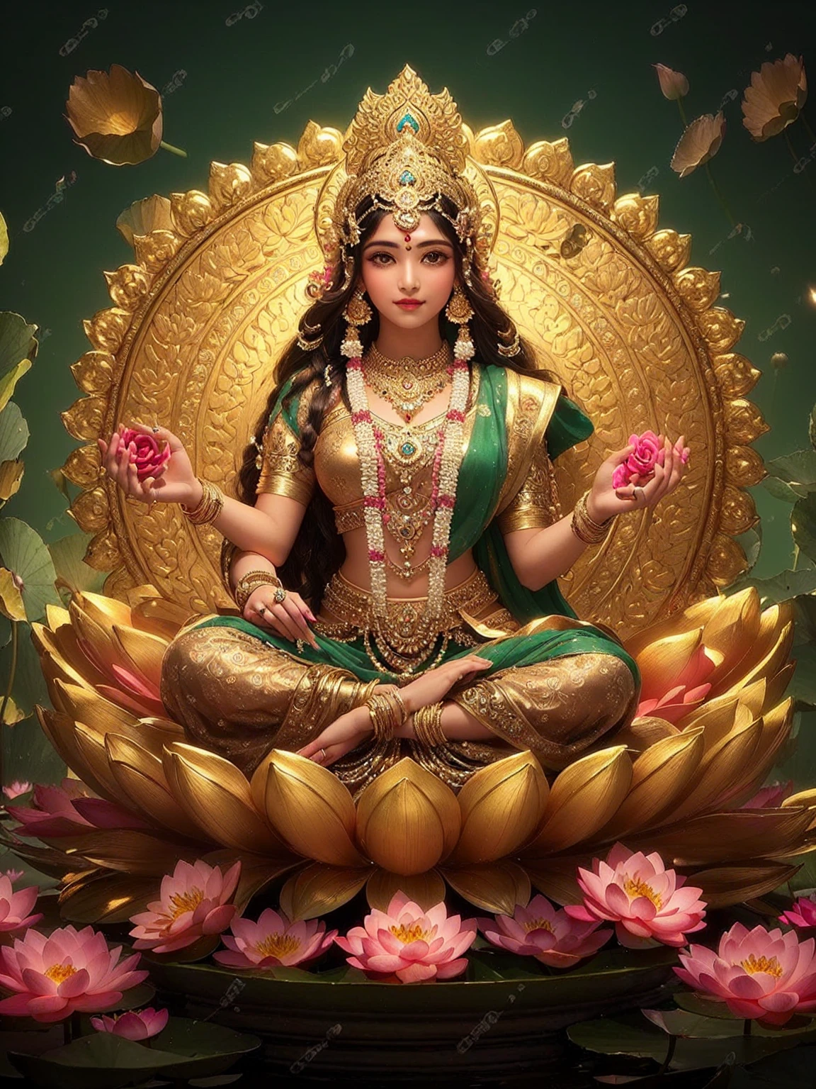 a beautiful hindu goddess sitting on a lotus flower, indian goddess of wealth, indian goddess, divine goddess, goddess. Very high detail, female goddess, beautiful goddess, 3 d goddess portrait, extremely detailed goddess shot, indian god, hindu god, charming angel, Hindu Aesthetics, goddess of love and peace, a stunning portrait of a goddess, goddess art, pink dress, Both hands hold a pink lotus., Behind is a bright sky.