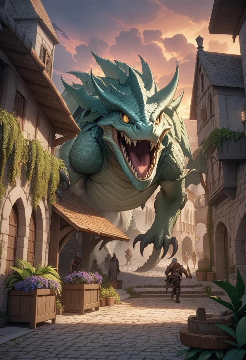 (masterpiece), (highest quality), attacked by monster, , Battlefield Background, Best quality, masterpiece, large reptilian monster with white scales and golden eyes and spikes, medieval coastal town, palm trees, courtyard, bench, cobblestone, ferns, outdoors, tropical, clouds,teal buildings, white steps, fence, road, fleeing people, thunderhead clouds, dusk,