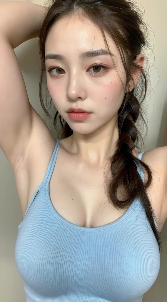 ((Best quality, 8k, Masterpiece :1.3)), 1girl, Pretty woman with emphasizing slender abs :1.3, (random hairstyles :1.2), Oversized tank top :1.2, Ultra-detailed face, Detailed eyes, Double eyelid, armpit