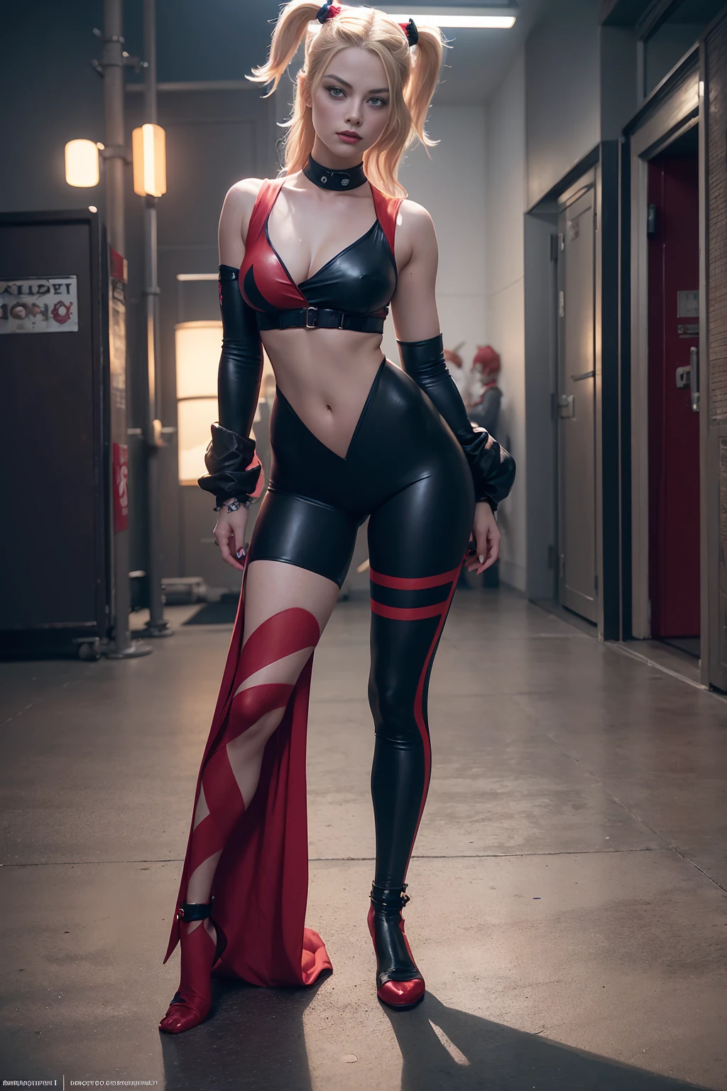 ((Full body photo, standing, feet on the floor)) Portrait of Margot Robbie as a clown at the crowded party, wearing closed black-red clown suit, Harley Quinn style, her face is illuminated by neon lights, looks like Harley Quinn , violet color, cyclist's body, he is standing, model photography style (extremely detailed CG Unit 8k wallpaper), full frame photography of the most beautiful work of art in the world, professional, trending on ArtStation, trending on CGSociety , intricate, highly detailed, clear focus, dramatic, photorealistic painting by Midjourney and Greg Rutkowski