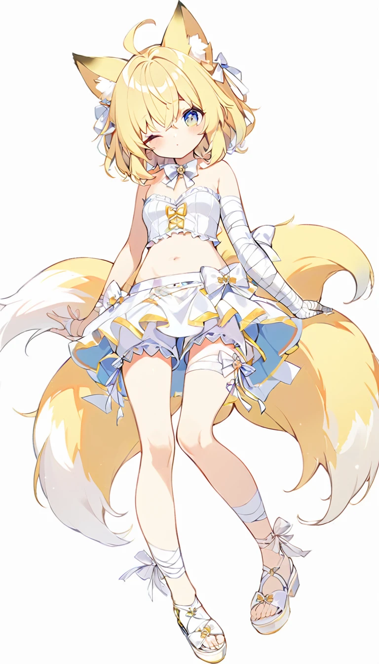 1girl, bare shoulders, bow, crop top,middle chest,cute eyes, teen, girl, detached collar with bloomers, open chest ,, frills, , white bow,white bowtie, white ribbon, , strapless,one eye is blue the other is yellow,breast, bloomers, frills, lace, midriff, , bandaged arm, bandaged hand, bandages, short yellow hair, tail, empty background, fox ears,white round diamond on bangs,knee , ankle lace-up, ankle ribbon, bow, leg ribbon, lineart, sandalsfluffy tailLovely eyesall-white clothes, shorts,white shoes