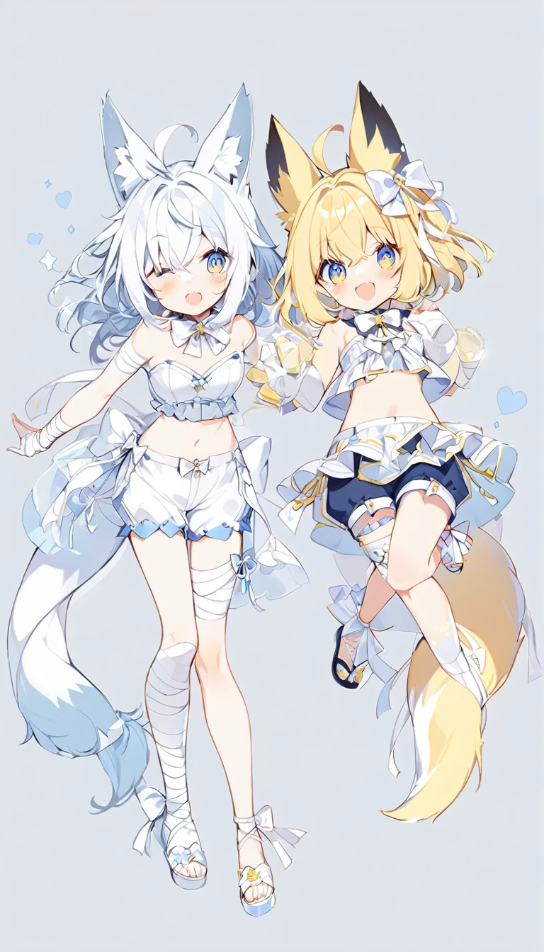 1girl, bare shoulders, bow, crop top,middle chest,cute eyes, girl, detached collar with bloomers, open chest ,, frills, , white bow,white bowtie, white ribbon, , strapless,one eye is blue the other is yellow,breast, bloomers, frills, lace, midriff, , bandaged arm, bandaged hand, bandages, short yellow hair, tail, empty background, fox ears,white round diamond on bangs,knee , ankle lace-up, ankle ribbon, bow, leg ribbon, lineart, sandalsfluffy tailLovely eyesall-white clothes, shorts,white shoes