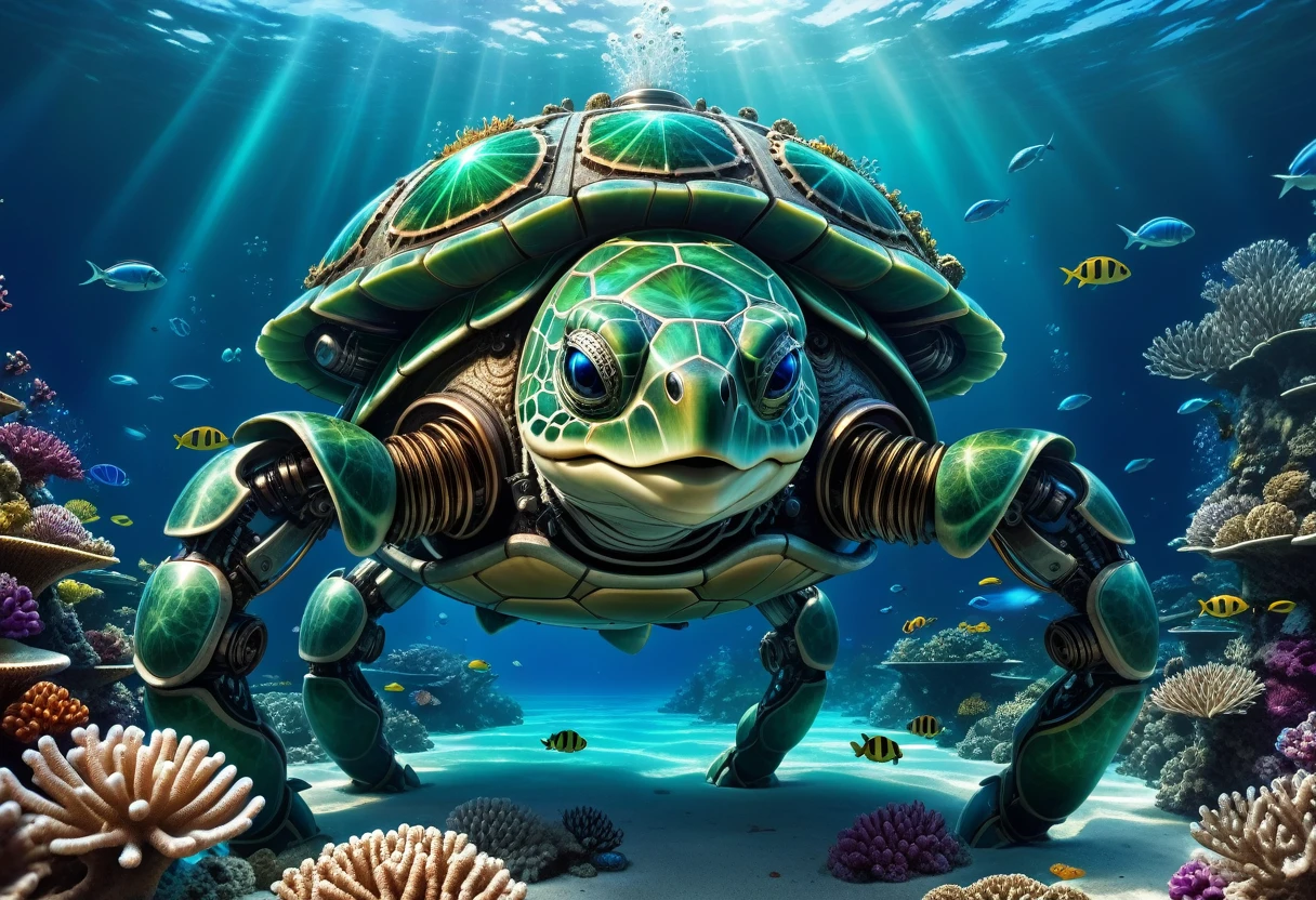 a huge full metal android robot turtle, carrying a futuristic underwater city on its back, smilling,funny,fantasy ,detailed mechanical exoskeleton, intricate gears and joints, advanced technology, underwater sci-fi landscape, bioluminescent coral reefs, shimmering blue-green ocean, dramatic lighting, photorealistic, 8k, cinematic composition, digital art, concept art