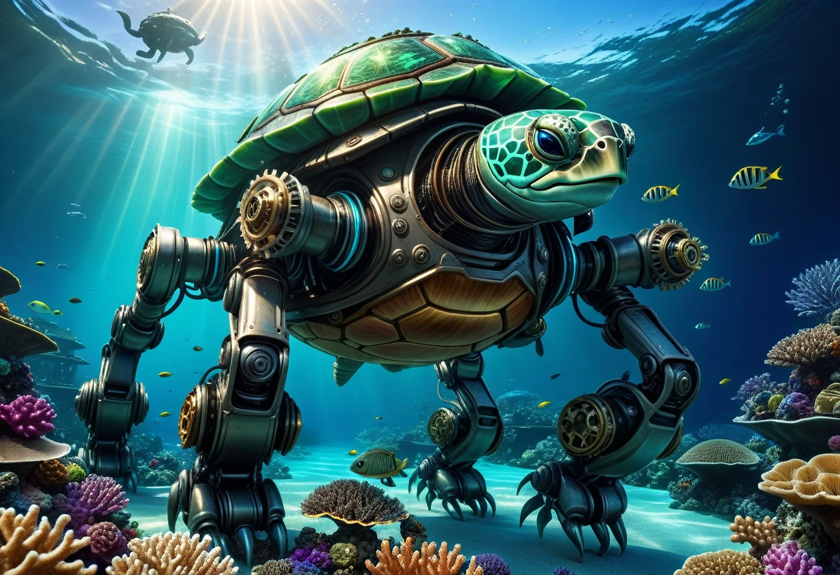 a huge full metal android robot turtle, carrying a futuristic underwater city on its back, smilling,funny,fantasy ,detailed mechanical exoskeleton, intricate gears and joints, advanced technology, underwater sci-fi landscape, bioluminescent coral reefs, shimmering blue-green ocean, dramatic lighting, photorealistic, 8k, cinematic composition, digital art, concept art