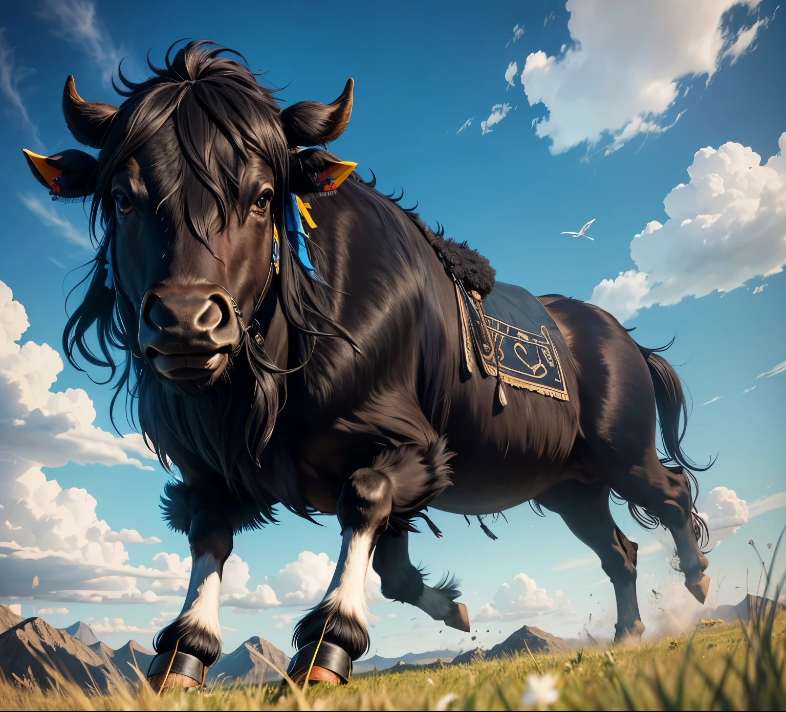 A running black yak,Close-up of yak,A close-up of a black yak,Background of grassland, blue sky and white clouds,vivid,HD,