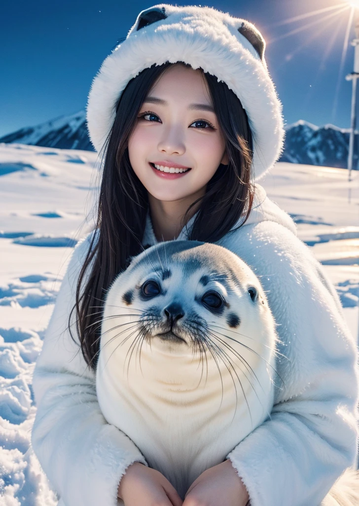 Diffuse lighting、 Highest quality, High resolution, unity 8k wallpaper、Supersaturation, Colorful, 8k resolution, 1 female、Japanese、23 years old、Close-up portrait、Adorable, smile、looks fun、Arctic、With a cute seal、cold、 High resolution, Cowboy Shot