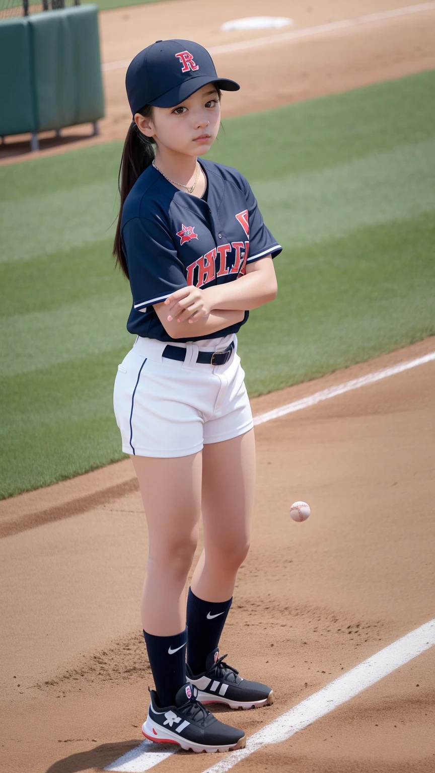 Girl playing baseball、Standing in the batter's box、Holding a bat、Wearing a baseball uniform、Very cute girl、