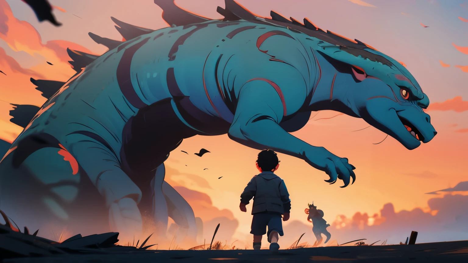 a and a little boy chasing friendly godzila in a child's game.