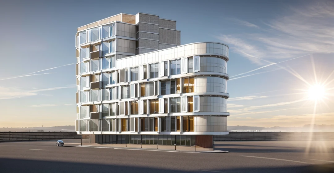 RAW photo,Masterpiece, high quality, best quality, authentic, day, sunlight, beautiful sky with few cloud, super detail, detail textures, close up of a building with a car driving by it, close up of a building with a street light and a street sign, architectural rendering, architectural 3 d render, precise architectural rendering, architectural render, architectural visualization, style of norman foster, large facade building and balconies
