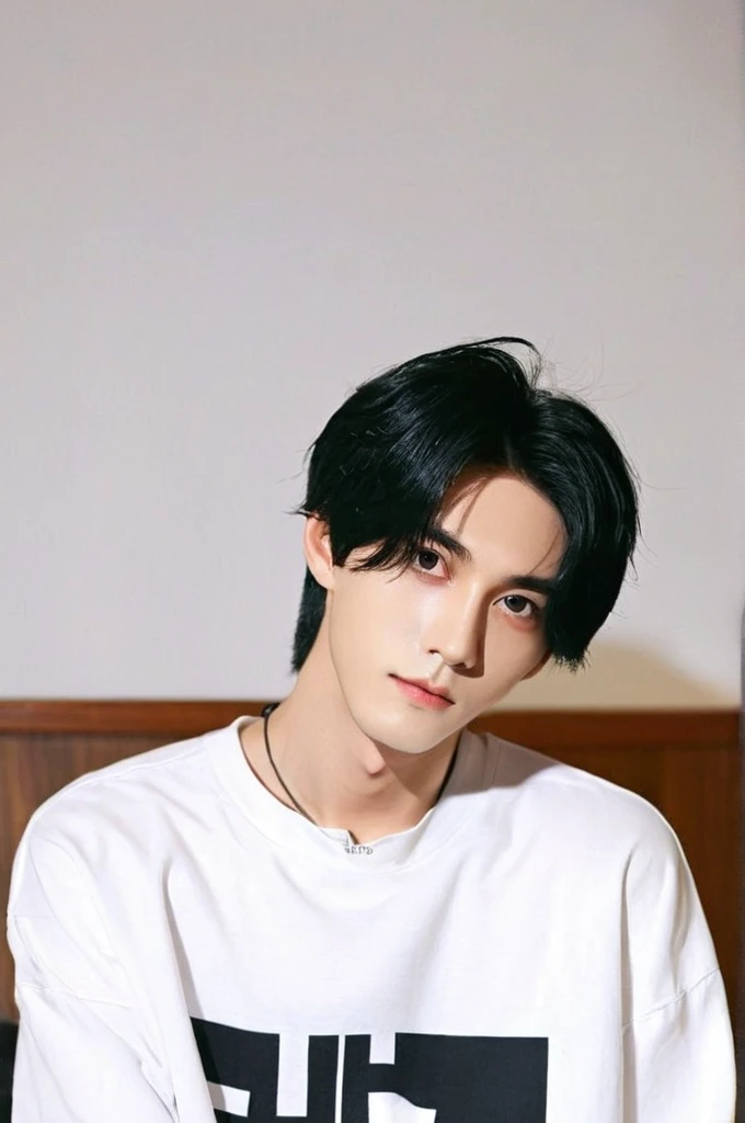 One boy、Young man with black hair（Mash Straight)((Long Hair)），With nape、Long enough to cover the earale K-Pop Idols、Levi Ackerman、Medium portrait、chop、Beautiful Model、Oval Face、Vivid、Cafe、（In a dark room）、The whole body is shown、((Full body photo))