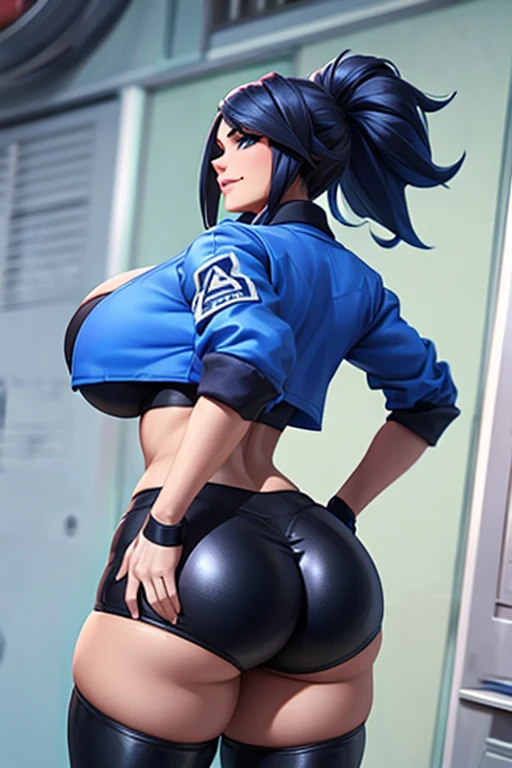 4k, masterpiece, high resolution, 3D art style, Akali, 1girl, ((bimbo))), detailed face and eyes, beautiful face, detailed hand, black hair, blue eyes, thick lips, erotic smile face, face, slender hips, thick thighs, thick, huge and droopy breast, huge round ass, oily shiny skin, black crop top and hot pant, jacket, hot pant, cleavage, pushing against the wall, hands on the wall, body bending forward, view from her back