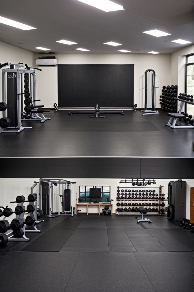 An image of a large room where there are two blackboards, one with biomechanics problems and the other with anatomy and physiology of the human body, and in the room there are also weights and dumbbells and exercise equipment.