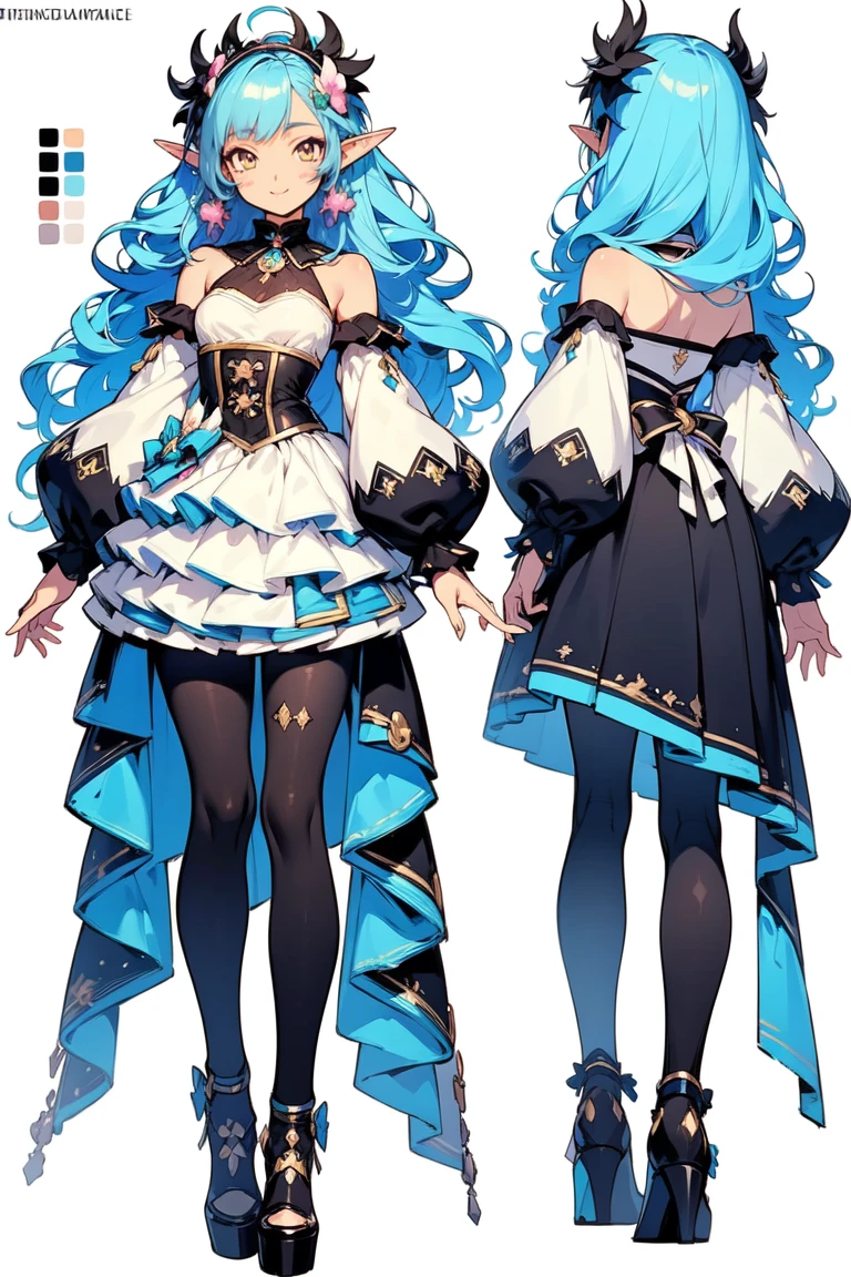 beautiful character design, best quality, anime woman, pastel color, elf ears, long black hair, clothing details with orchids, yellow eyes, vtuber, calm expression, white clothes, phoenix based, blue color, turquoise, white body clothes, saturated colors, expressive, vtuber, ,(( blue hair)), ((dark blue hair)), summer lightness, exposed shoulders and arms, seduction, smile, fashion, feminine style, mature woman, anime woman, pretty woman, black stockings, delicate orchid Accessories, corset, surreal girl, anime girl, realistic girl, , Orchid Hair accessories, (blue pupils), forehead, fantasy, Medium and long end, ( Colorful) (best quality: 1.2), masterpieces, (High precision: 1.1), 8k resolution, (detailed), delicate, forest background , noise reduction, complex Details, Ultra detailed, Very detailed, complex, small details , CG, freshness, official art, oficial character design ((dark blue hair)), blue hair, long dark blue hair, white body clothe, black high socks, (expressive) (night phoenix inspirated) ((fullbody)) ((mommy vibes, big breasts)