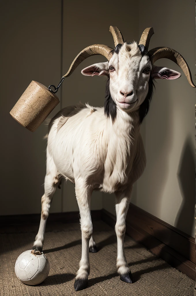 macabre goat standing holding an object  in its hand