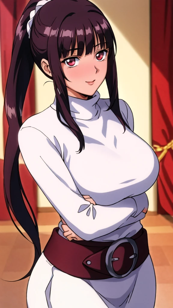 white turtleneck, black pencil shirt,black long skirt,white belt,hair ornament, hair scrunchie,low ponytail,
long hair,bangs, brunette, black hair, blunt bangs,big red eyes,alone, 1 girl,Young female, 18 years old, very cute, smile, Beautiful Finger,Beautiful long legs,Beautiful body,Beautiful Nose,Beautiful character design, perfect eyes, perfect face,expressive eyes, looking at viewer, in the center of the image,(light smile:0.5), official art, indoor, portrait, perfect lighting,Colorful, Bright_Front_face_Lighting,shiny skin, (masterpiece:1.0),(best quality:1.0), ultra high res,4K,ultra-detailed, photography, 8K, HDR, highres, absurdres:1.2, Kodak portra 400, film grain, blurry background, bokeh:1.2, lens flare, (vibrant_color:1.2), (beautiful face), (curvy body), ashamed, blushing, glossy lip rouge, glossy crimson rouge, jealousy, SFW, seductive, charming,