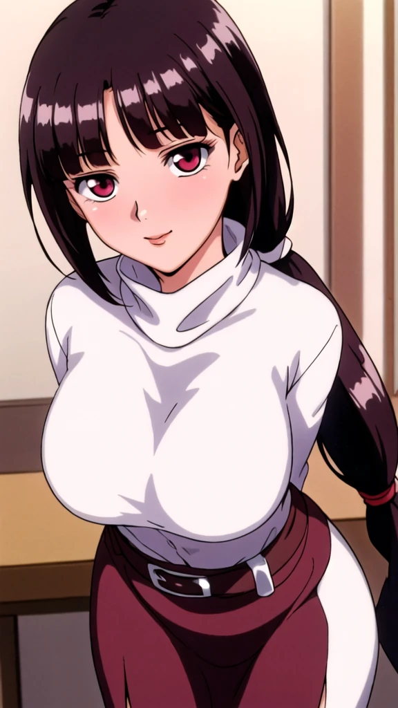 white turtleneck, black pencil shirt,black long skirt,white belt,hair ornament, hair scrunchie,low ponytail,
long hair,bangs, brunette, black hair, blunt bangs,big red eyes,alone, 1 girl,Young female, 18 years old, very cute, smile, Beautiful Finger,Beautiful long legs,Beautiful body,Beautiful Nose,Beautiful character design, perfect eyes, perfect face,expressive eyes, looking at viewer, in the center of the image,(light smile:0.5), official art, indoor, portrait, perfect lighting,Colorful, Bright_Front_face_Lighting,shiny skin, (masterpiece:1.0),(best quality:1.0), ultra high res,4K,ultra-detailed, photography, 8K, HDR, highres, absurdres:1.2, Kodak portra 400, film grain, blurry background, bokeh:1.2, lens flare, (vibrant_color:1.2), (beautiful face), (curvy body), ashamed, blushing, glossy lip rouge, glossy crimson rouge, jealousy, SFW, seductive, charming,