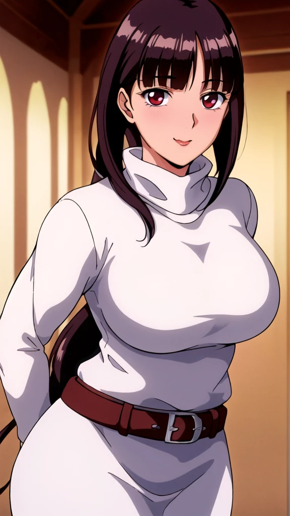 white turtleneck, black pencil shirt,black long skirt,white belt,hair ornament, hair scrunchie,low ponytail,
long hair,bangs, brunette, black hair, blunt bangs,big red eyes,alone, 1 girl,Young female, 18 years old, very cute, smile, Beautiful Finger,Beautiful long legs,Beautiful body,Beautiful Nose,Beautiful character design, perfect eyes, perfect face,expressive eyes, looking at viewer, in the center of the image,(light smile:0.5), official art, indoor, portrait, perfect lighting,Colorful, Bright_Front_face_Lighting,shiny skin, (masterpiece:1.0),(best quality:1.0), ultra high res,4K,ultra-detailed, photography, 8K, HDR, highres, absurdres:1.2, Kodak portra 400, film grain, blurry background, bokeh:1.2, lens flare, (vibrant_color:1.2), (beautiful face), (curvy body), ashamed, blushing, glossy lip rouge, glossy crimson rouge, jealousy, SFW, seductive, charming,
