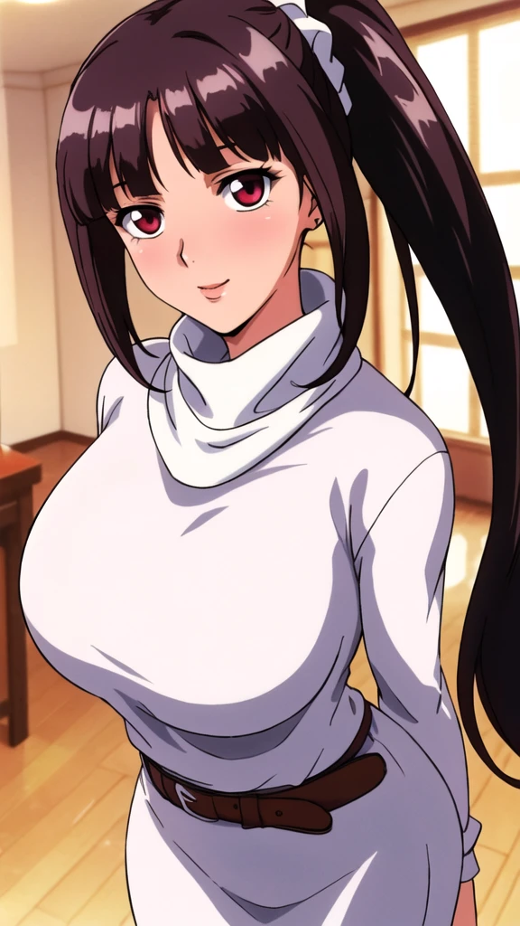 white turtleneck, black pencil shirt,black long skirt,white belt,hair ornament, hair scrunchie,low ponytail,
long hair,bangs, brunette, black hair, blunt bangs,big red eyes,alone, 1 girl,Young female, 18 years old, very cute, smile, Beautiful Finger,Beautiful long legs,Beautiful body,Beautiful Nose,Beautiful character design, perfect eyes, perfect face,expressive eyes, looking at viewer, in the center of the image,(light smile:0.5), official art, indoor, portrait, perfect lighting,Colorful, Bright_Front_face_Lighting,shiny skin, (masterpiece:1.0),(best quality:1.0), ultra high res,4K,ultra-detailed, photography, 8K, HDR, highres, absurdres:1.2, Kodak portra 400, film grain, blurry background, bokeh:1.2, lens flare, (vibrant_color:1.2), (beautiful face), (curvy body), ashamed, blushing, glossy lip rouge, glossy crimson rouge, jealousy, SFW, seductive, charming,