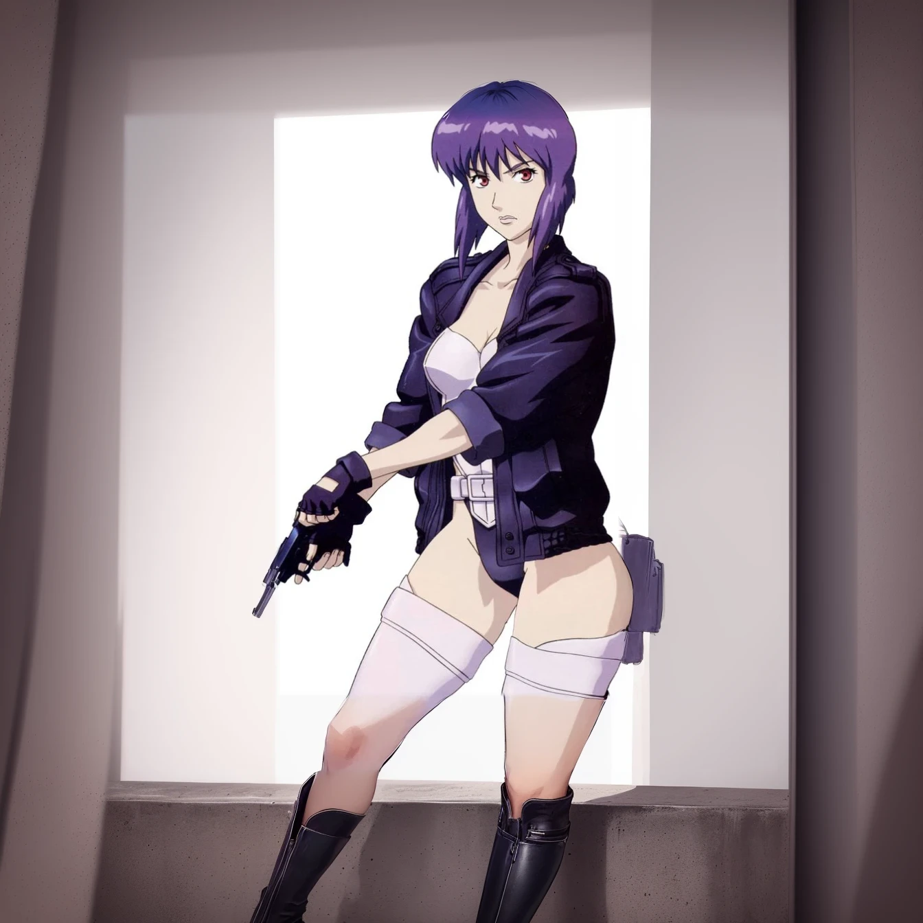 High resolution photo of a woman、Beautiful woman in a bare-chested white leotard、Dark blue bob hair、bangs、stockings、High heel boots、Holds a gun from the future、Black leather jacket、Army Jacket、ghost in the Shell、Motoko Kusanagi、City of the Future、Wear a belt around your waist、Belt with bullets、Future Soldier、