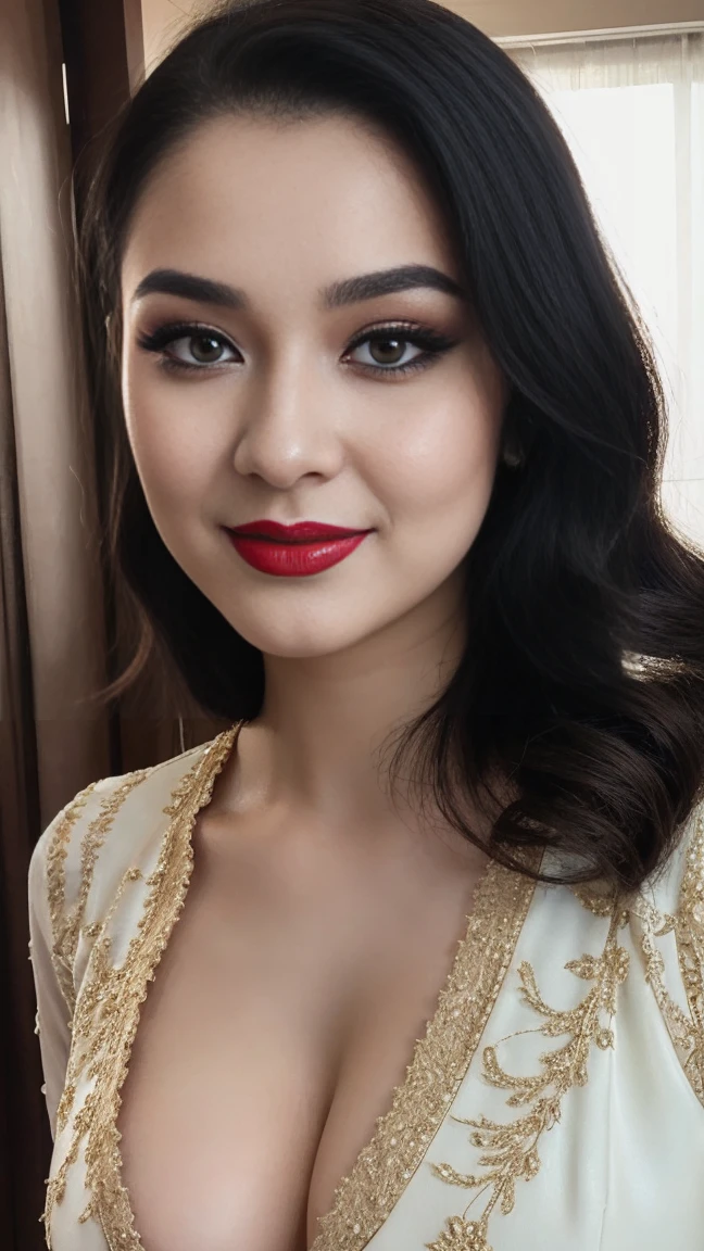 instagram photo, closeup face photo of 40 y.o Chloe in kebaya, chubby girl, Red Lipstick, sensual Lipstick, Sensational Make Up, cleavage, pale skin, (smile:0.4), hard shadows, Red G-STRING 