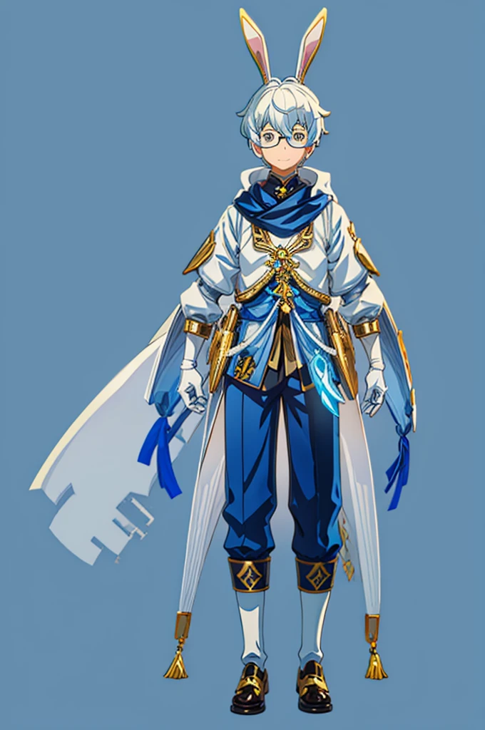 A boy with striking white hair、The bunny ears are very big、Golden armor、Siamese、Smile、Mechanical blue glasses and clothing、Center the character，Complete body，Background white