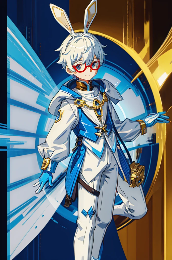 A boy with striking white hair、The bunny ears are very big、Golden armor、Siamese、Smile、Mechanical blue glasses and clothing、Center the character，Complete body，Background white