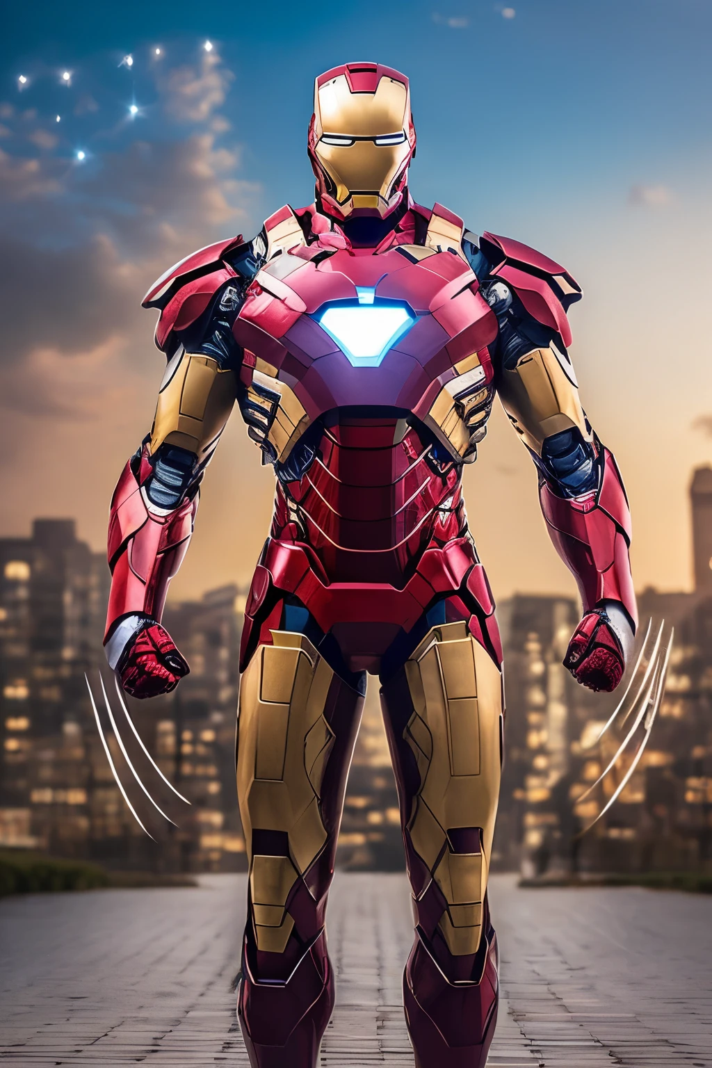 ((best quality)), ((masterpiece)), (detaile), the iron man combine costume(light metalic blue color) with the wolverine, realism futuristic suite(fullbody), flying in the city skies