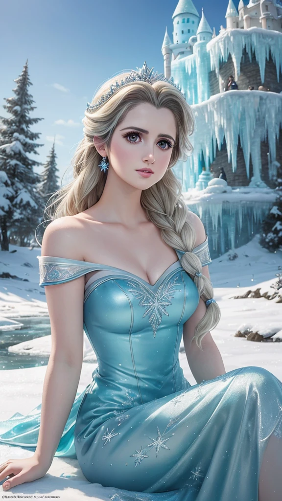 close-up of (Laura Marano) as Elsa from frozen sitting like a lady under a tree on the ice and looking at the sky, lots of details, beautiful, elsa from frozen, high quality, photo-realistic, octane render, unreal engine, ultra-realistic, (ice castle in background), (big breasts)