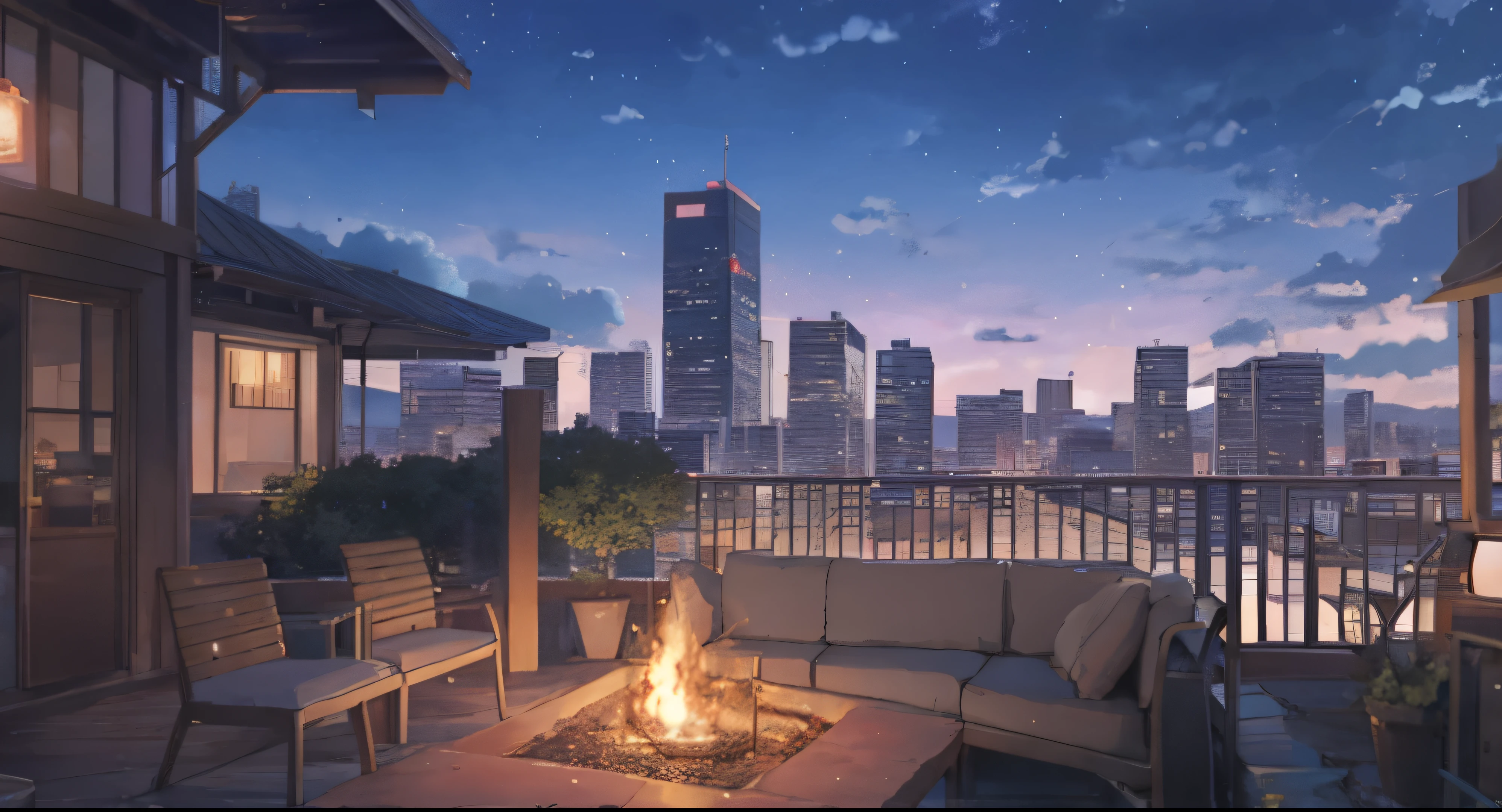 Anime Landscape of a terrace with a couch and a fire pit, Anime Background art, Anime Background, HD anime city landscape, Anime Landscape, Beautiful city view, beautiful Anime Landscape, rooftop romantic, Anime movie background, 4k anime wallpaper, Relaxed atmosphere, Anime Art Wallpaper 4K, Anime Art Wallpaper 4K, Anime Wallpaper 4K, Anime Wallpaper 4K, Beautiful anime scene