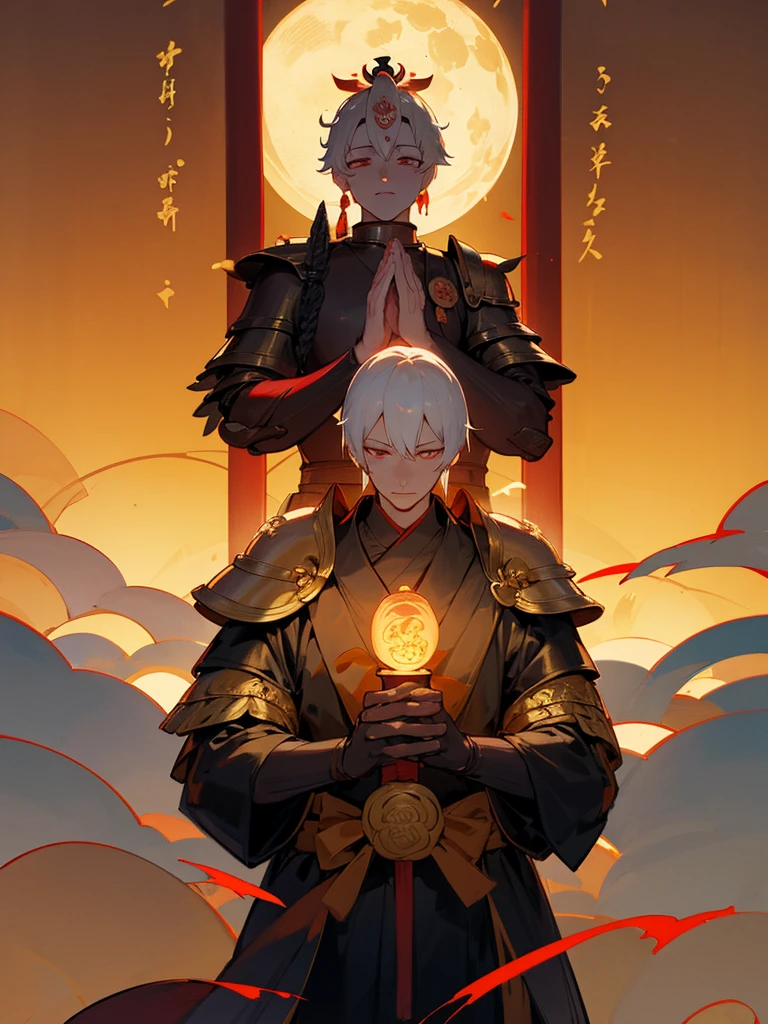 Kannon Bodhisattva,Burning Eyes, Demon, white short hair, black armor, torii, man, full moon, hands together in prayer, Zen meditation Golden guardian dog Japanese sword Lotus flower field Paradise 機械