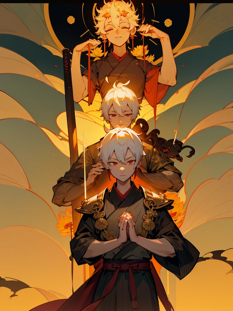 Kannon Bodhisattva,Burning Eyes, Demon, white short hair, black armor, torii, man, full moon, hands together in prayer, Zen meditation Golden guardian dog Japanese sword Lotus flower field Paradise 機械