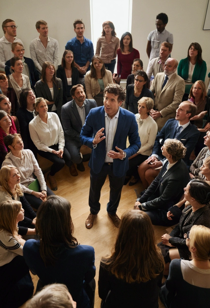 people in a meeting room and a man speaking in the middle of a circle of people