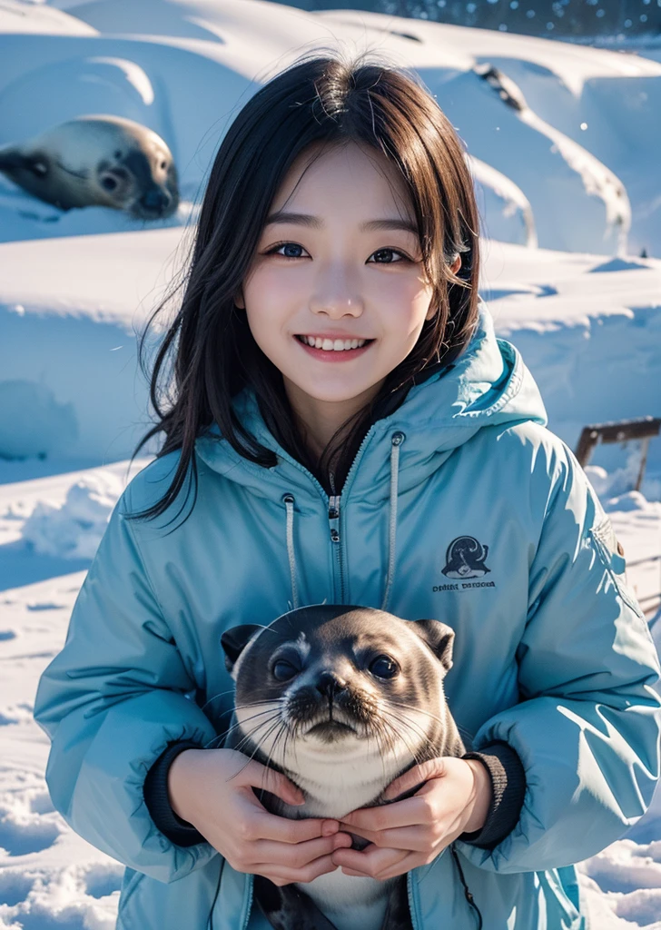 Diffuse lighting、 Highest quality, High resolution, unity 8k wallpaper、Supersaturation, Colorful, 8k resolution, 1 female、Japanese、23 years old、Close-up portrait、Adorable, smile、looks fun、Arctic、With a cute seal、Holding a Seal、cold、 High resolution, Cowboy Shot