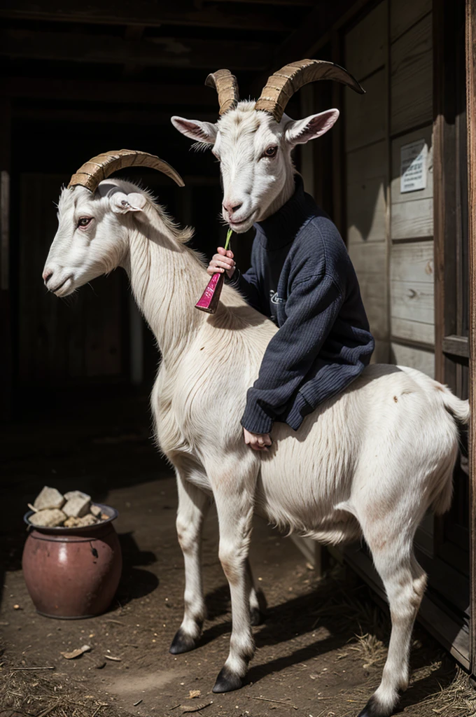 macabre goat standing holding an object in its hand
