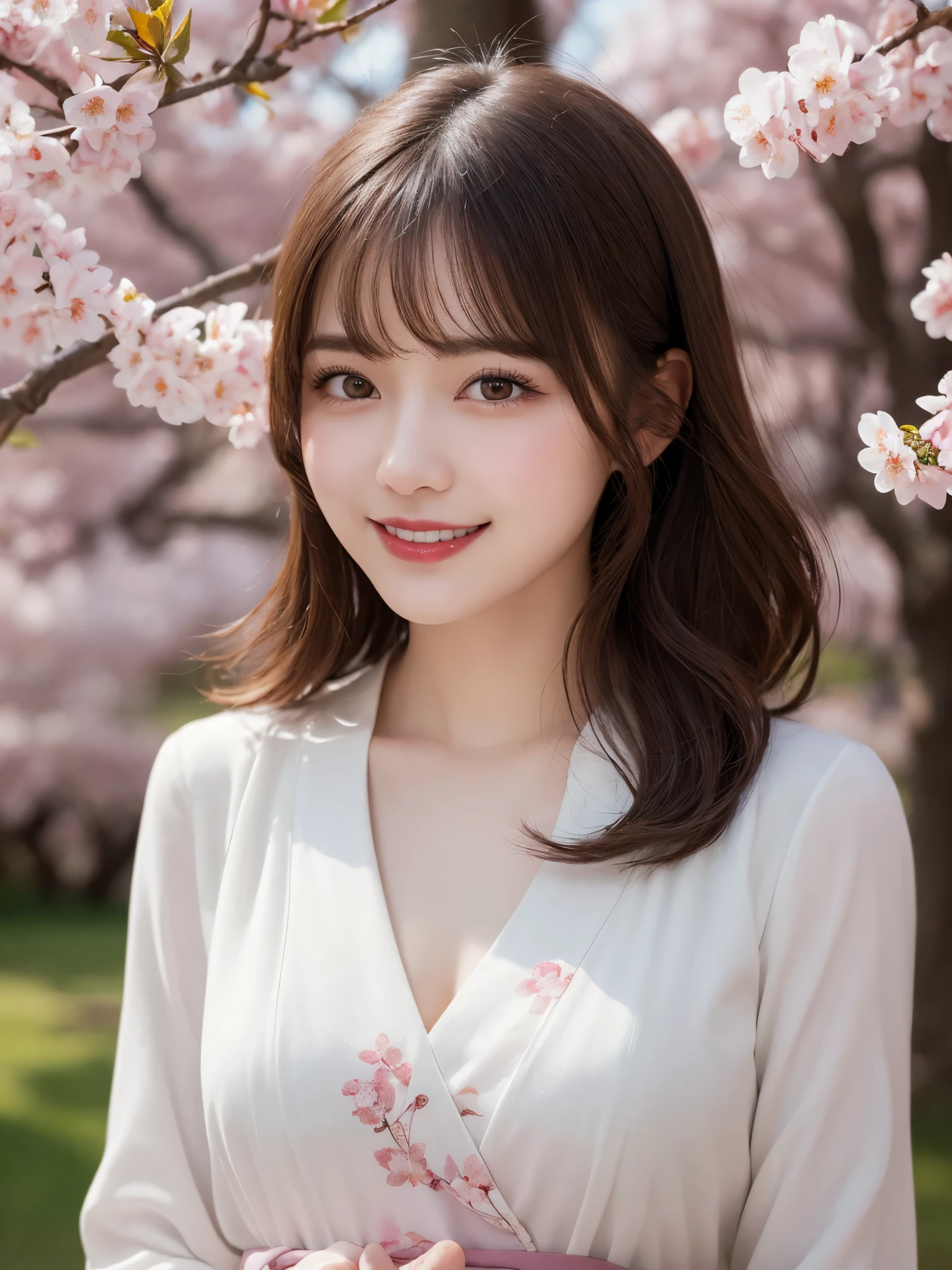 masterpiece, best quality, illustration, ultra-detailed, finely detailed, high resolution, 8K wallpaper, perfect dynamic composition, beautiful detailed eyes, cherry blossoms, traditional clothing, medium hair, small breasts, natural color lips, gentle pose, smile, looking at camera