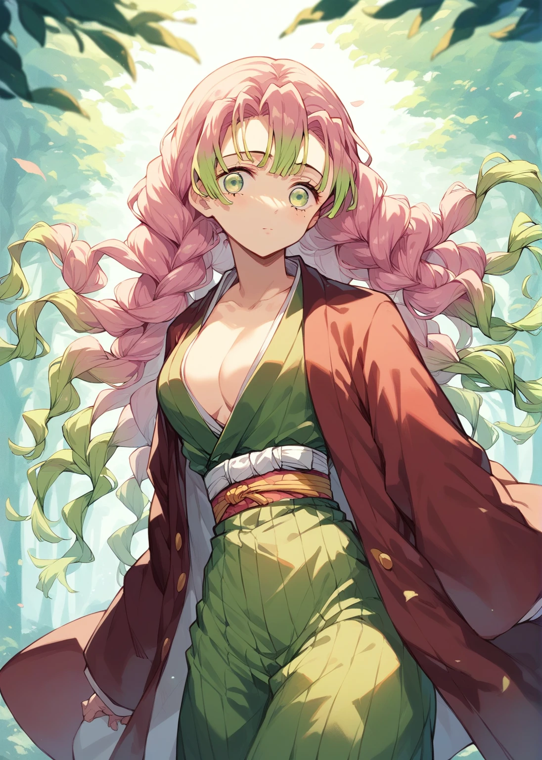 ( The most beautiful masterpiece , Beautiful light , woman ) Kanroji Mitsuri, Kimetsu no Yaiba , green eyes , pink hair green , Single person pic , Light purple yukata , red coat, In the forest , Show the evening sun