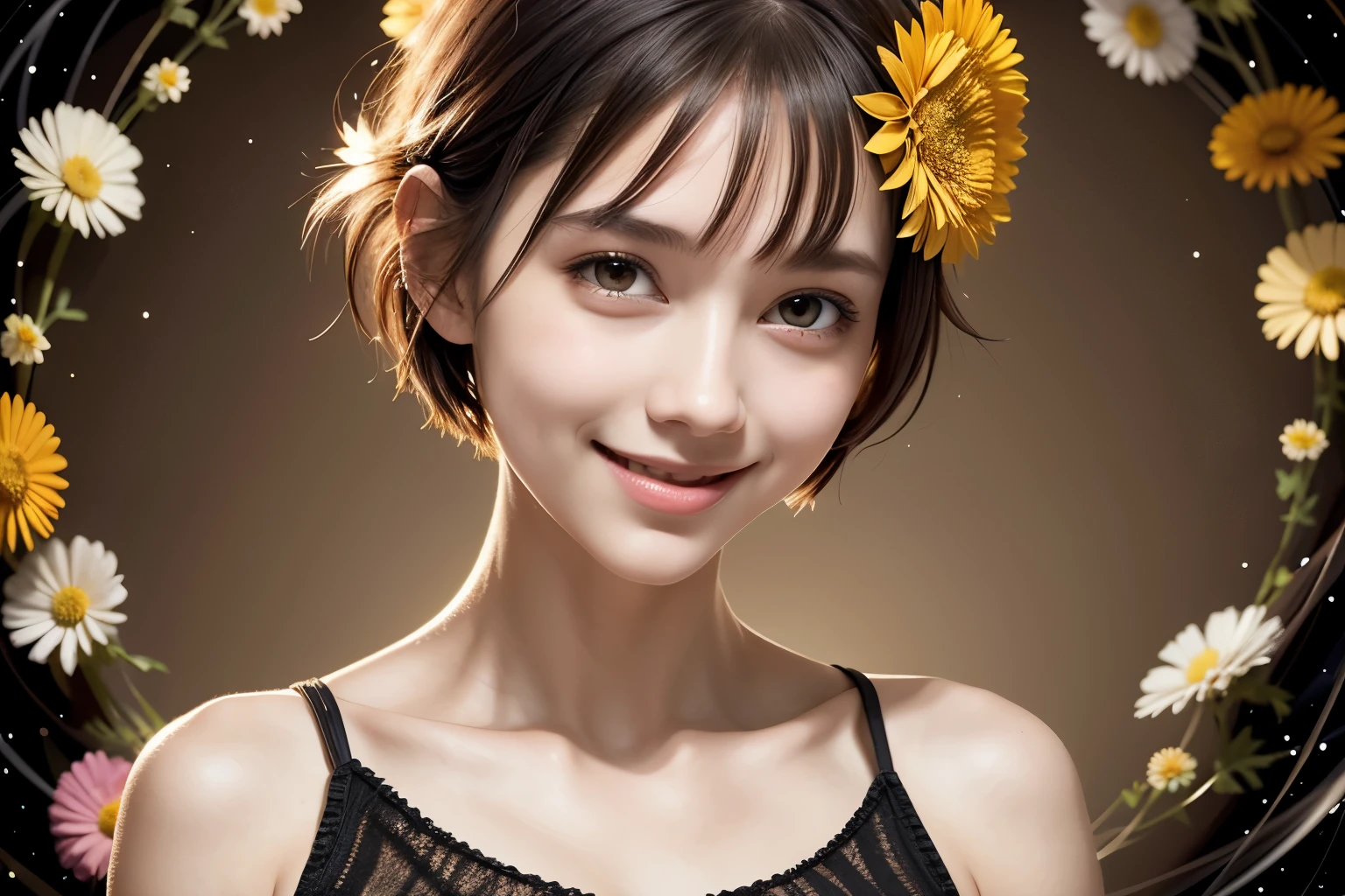 257 20-year-old female, (short hair),(Abstract background,Fractal Art), smile, flower