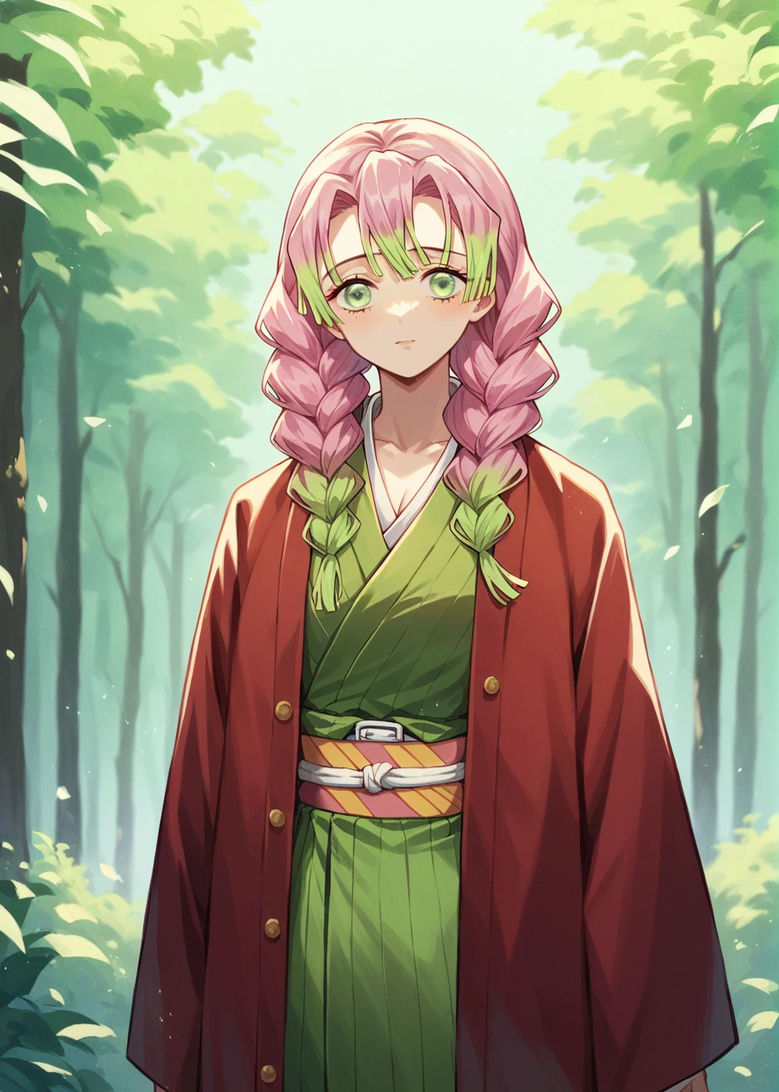 ( The most beautiful masterpiece , Beautiful light , woman ) Kanroji Mitsuri, Kimetsu no Yaiba , green eyes , pink hair green , Single person pic , Light purple yukata , red coat, In the forest , Show the evening sun