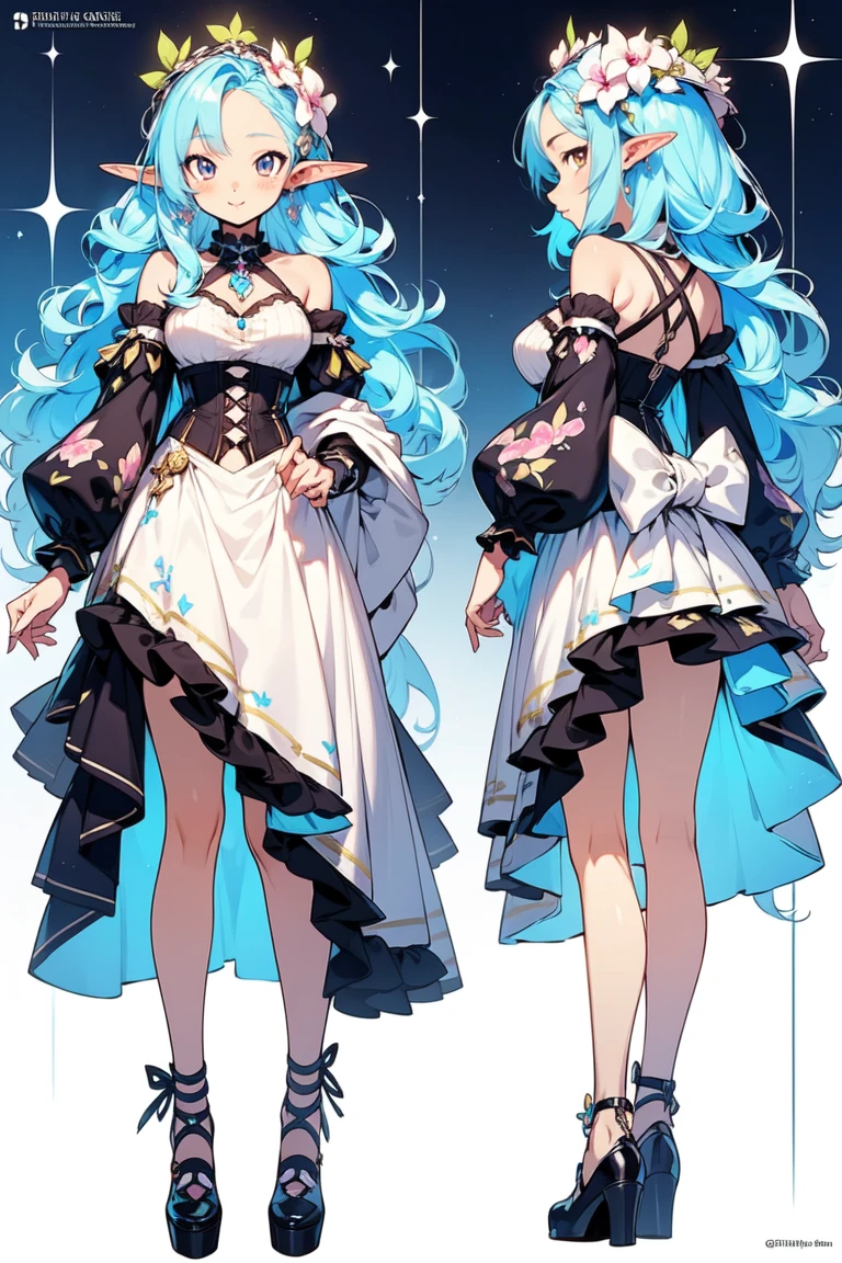 beautiful character design, best quality, anime woman, pastel color, elf ears, long black hair, clothing details with orchids, yellow eyes, vtuber, calm expression, white clothes, phoenix based, blue color, turquoise, white body clothes, saturated colors, expressive, vtuber, ,(( blue hair)), ((dark blue hair)), summer lightness, exposed shoulders and arms, seduction, smile, fashion, feminine style, mature woman, anime woman, pretty woman, black stockings, delicate orchid Accessories, corset, surreal girl, anime girl, realistic girl, , Orchid Hair accessories, (blue pupils), forehead, fantasy, Medium and long end, ( Colorful) (best quality: 1.2), masterpieces, (High precision: 1.1), 8k resolution, (detailed), delicate, forest background , noise reduction, complex Details, Ultra detailed, Very detailed, complex, small details , CG, freshness, official art, oficial character design ((dark blue hair)), blue hair, long dark blue hair, white body clothe, black high socks, (expressive) (night phoenix inspirated) ((fullbody)) ((mommy vibes, big breasts)) vtuber design, famous vtuber clothes, sexy clothes, pretty