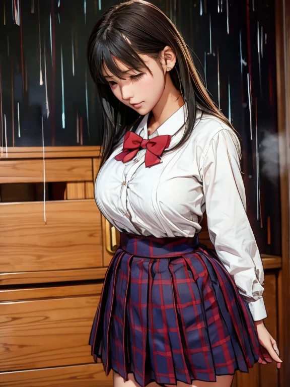 school girl uniform , steam , rain , plaid skirt , pleated skirt , The shirt is tight. , white shirt , school girl , red bow , red knot