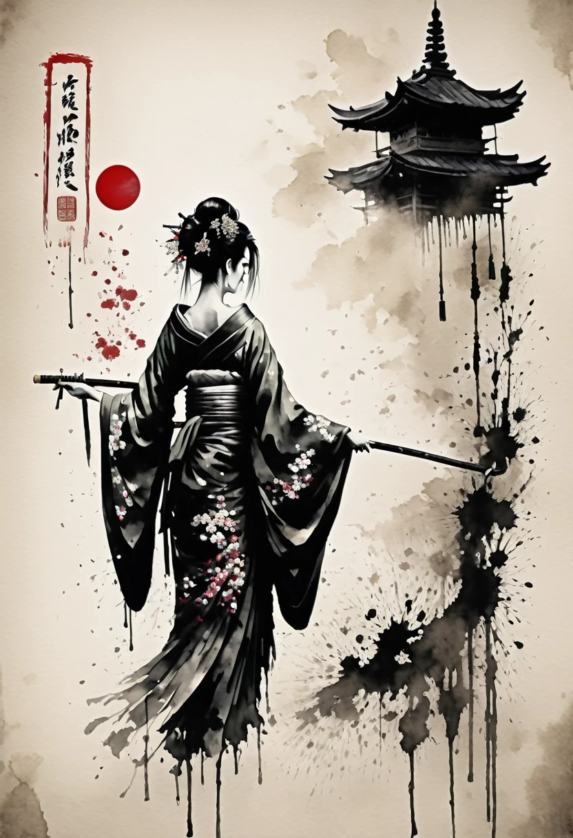 Ink painting,Black and white painting,splash,whole body,She is a very elegant and beautiful 18-year-old girl.,Oiran,geisha,Oiranの髪飾り,Big Barrel,Disheveled Hair,(A kimono with a wide open back collar from the nape to the back),Luxurious Japanese clothes,Large umbrella,