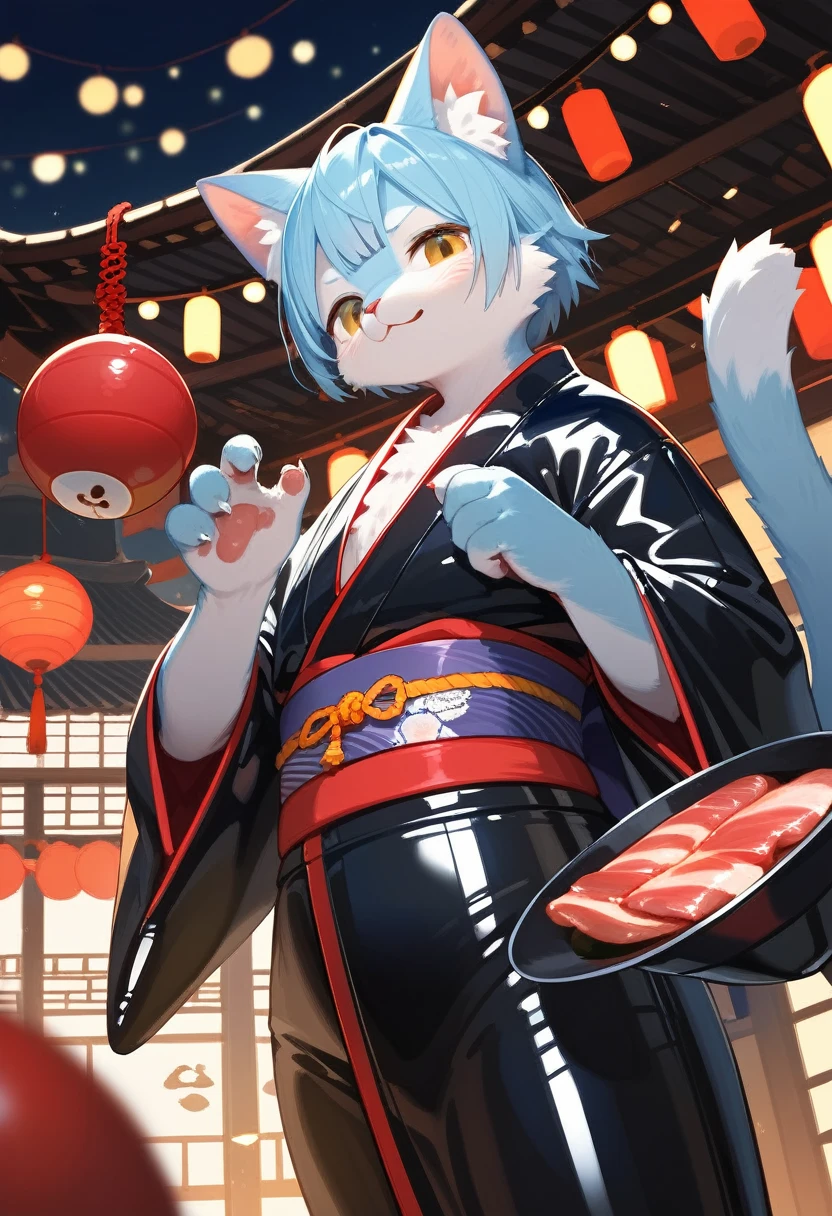 Highest quality, Highest quality, High quality illustrations, masterpiece, Ultra-high resolution, Detailed Background, Kyoto, Festivals, Absurd, Perfect Anatomy, performance, Good lighting, Shadows in the movies(kemono, Furry PersonifiCation), Cat, kimono, latex, rubber, Meat ball handle