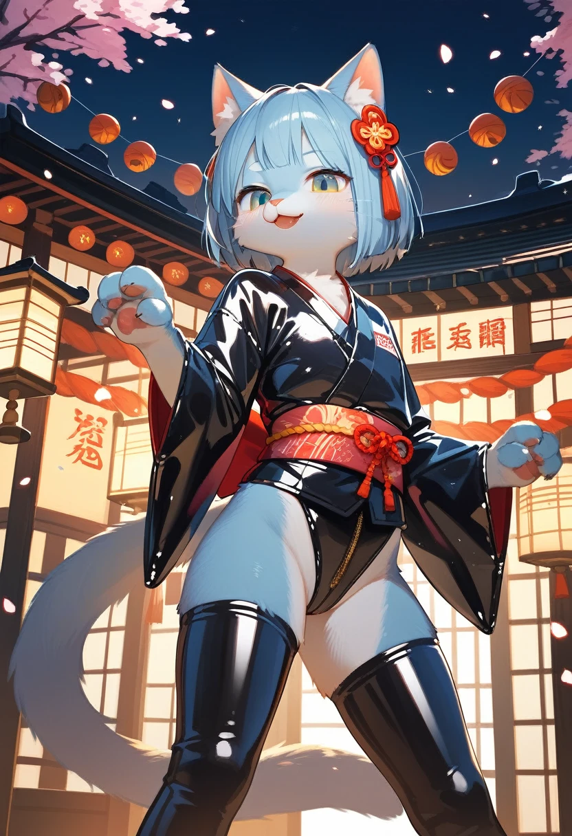Highest quality, Highest quality, High quality illustrations, masterpiece, Ultra-high resolution, Detailed Background, Kyoto, Festivals, Absurd, Perfect Anatomy, performance, Good lighting, Shadows in the movies(kemono, Furry PersonifiCation), Cat, kimono, latex, rubber, Meat ball handle