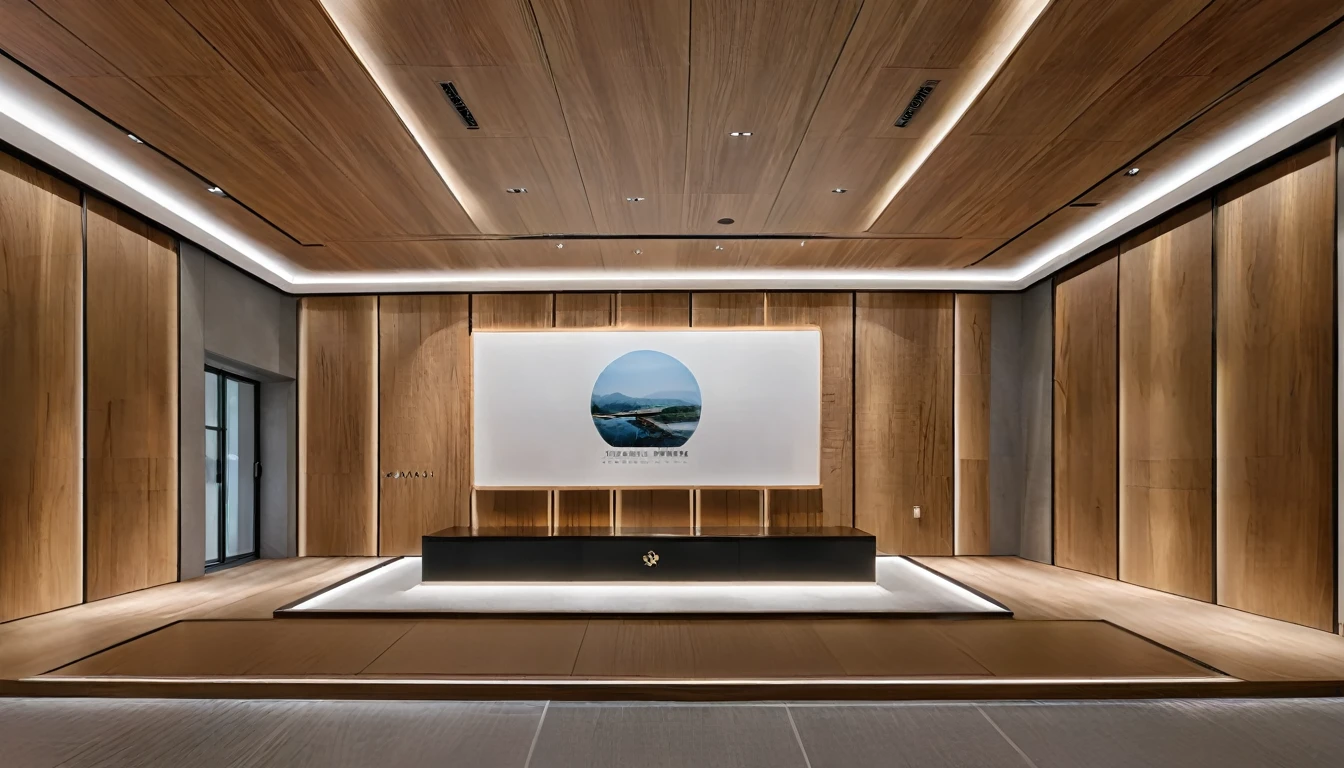 8K, real, (realistic:1.2), exhibition, exhibition hall, background wall, company entrance, front photo, 24mm wide-angle lens, wood grain, metal, leather style, (Japanese light tone:1.1)