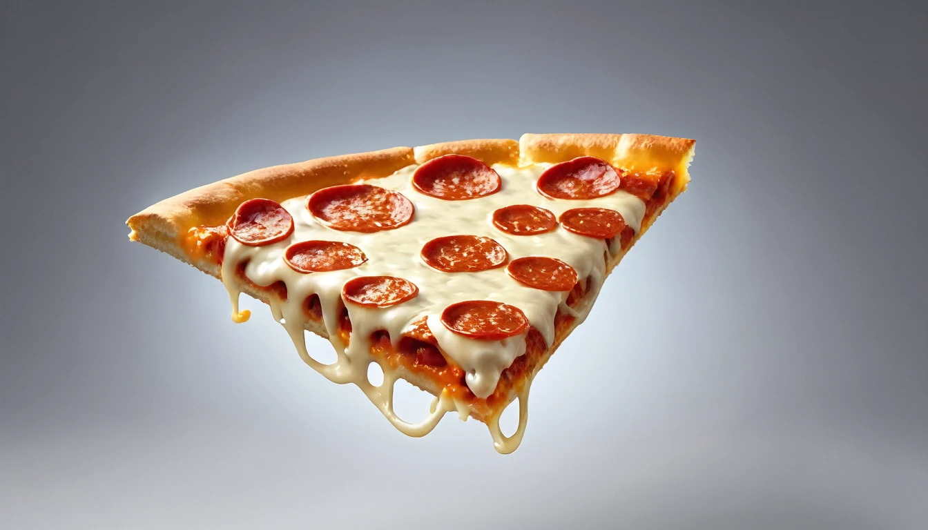 a picture of flying stretchy cheese pizza slice like in a commercial